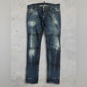 DSQUARED2 Slim Jean Distressed Skinny Paint Splat Blue Denim Jeans Size 34 x 33